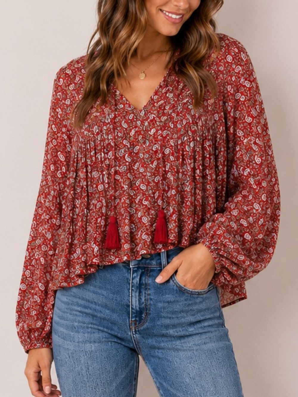 Zara Boho Floral Paisley Tassel V-Neck Blouse Red XS